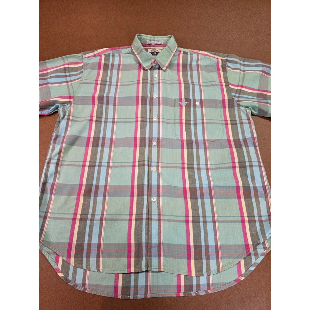 Dockers Mens Large Short Sleeve Plaid Button Down Shirt Cotton Teal Pink Blue - Picture 3 of 10